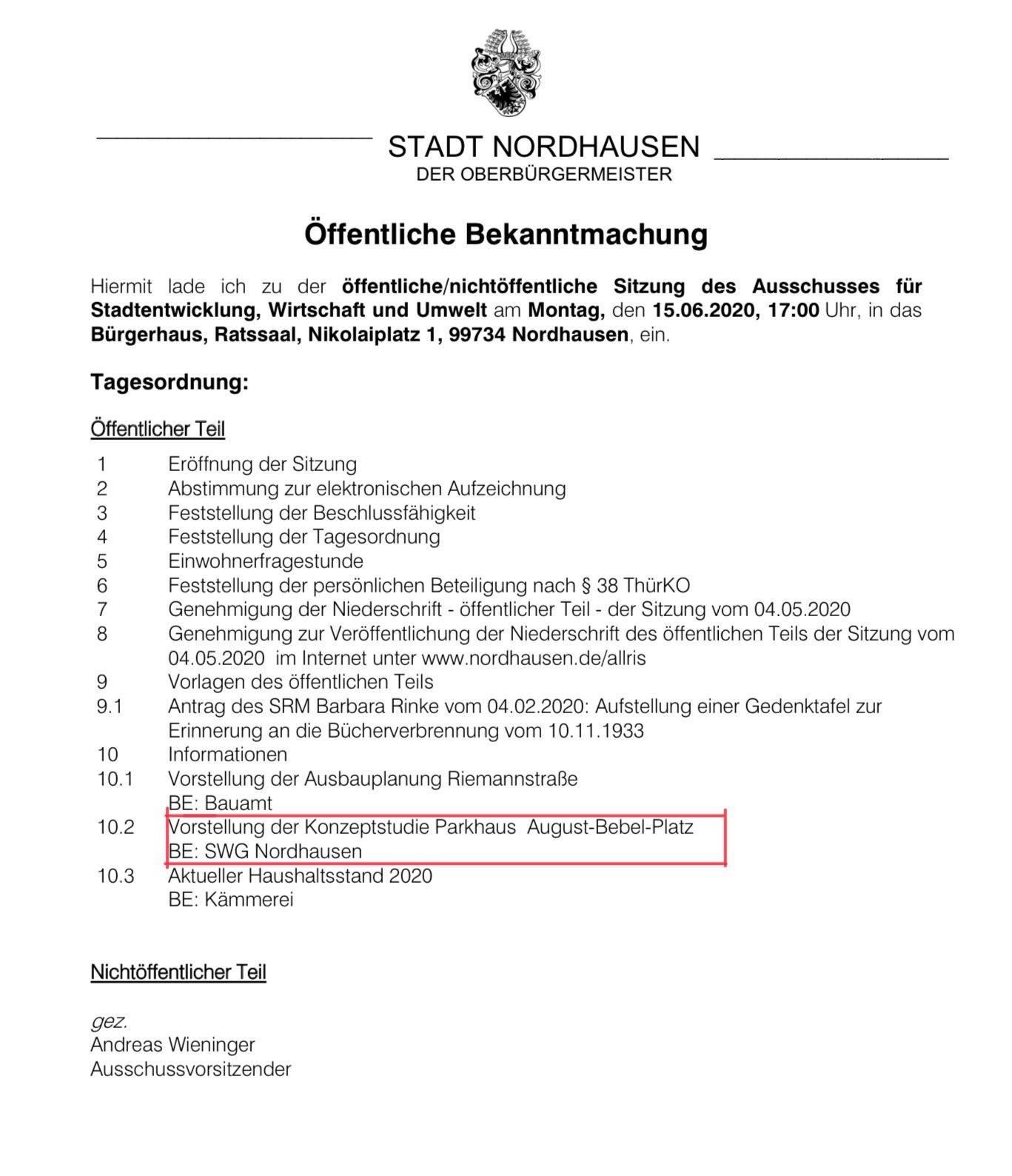 Tagesordnung Ausschuss für Stadtentwicklung Nordhausen vom 15.06.2020