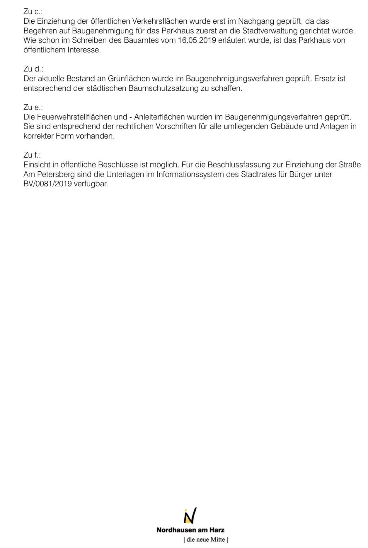 Antwort der Stadt Nordhausen, Mitte Oktober 2019, Seite 2