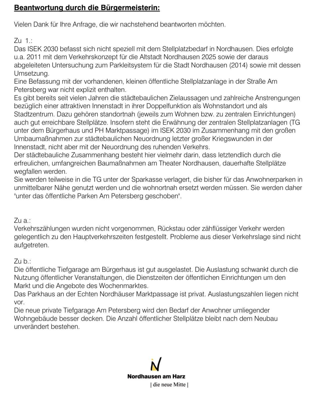 Antwort der Stadt Nordhausen, Mitte Oktober 2019, Seite 1