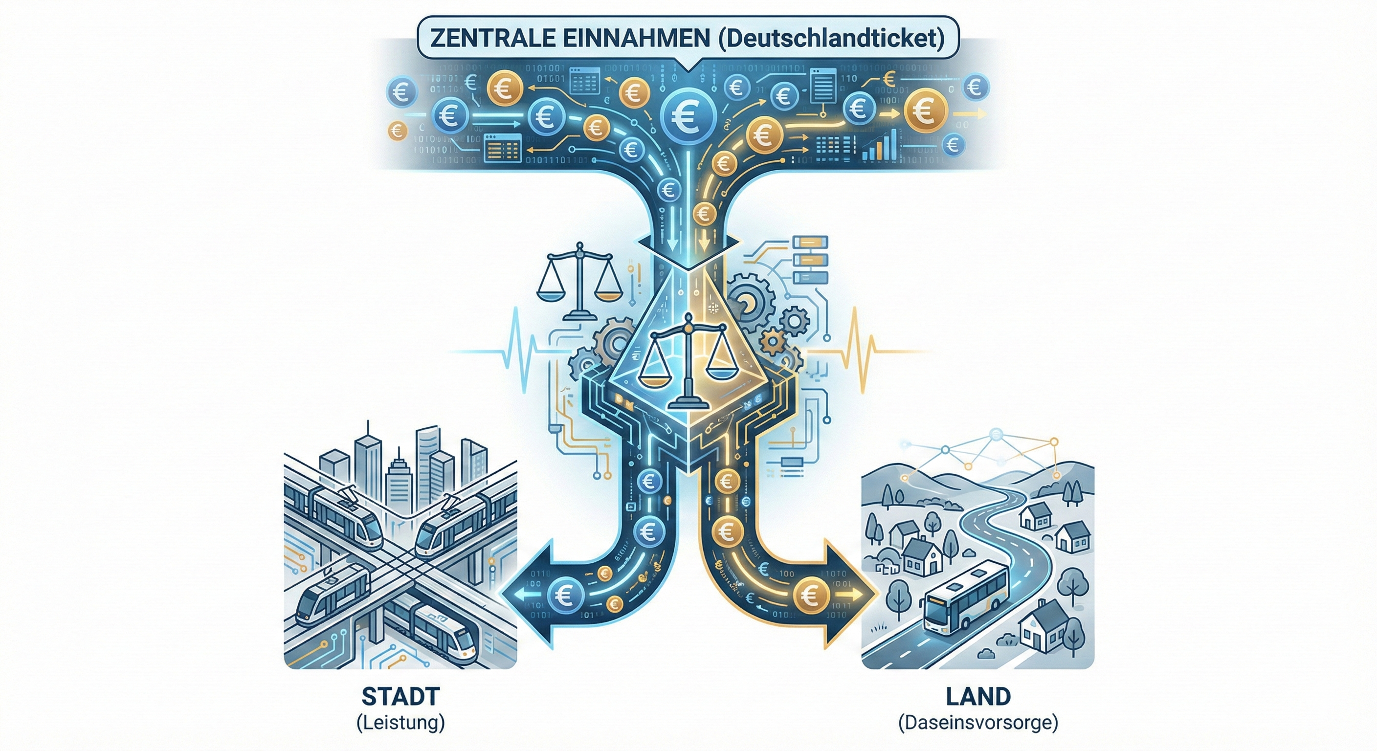 Visualisierung des IVLM-Modells zur Einnahmeaufteilung des Deutschlandtickets: Ein intelligenter Algorithmus verteilt Finanzströme fair zwischen städtischem Leistungsverkehr und ländlicher Daseinsvorsorge auf weißem Hintergrund.