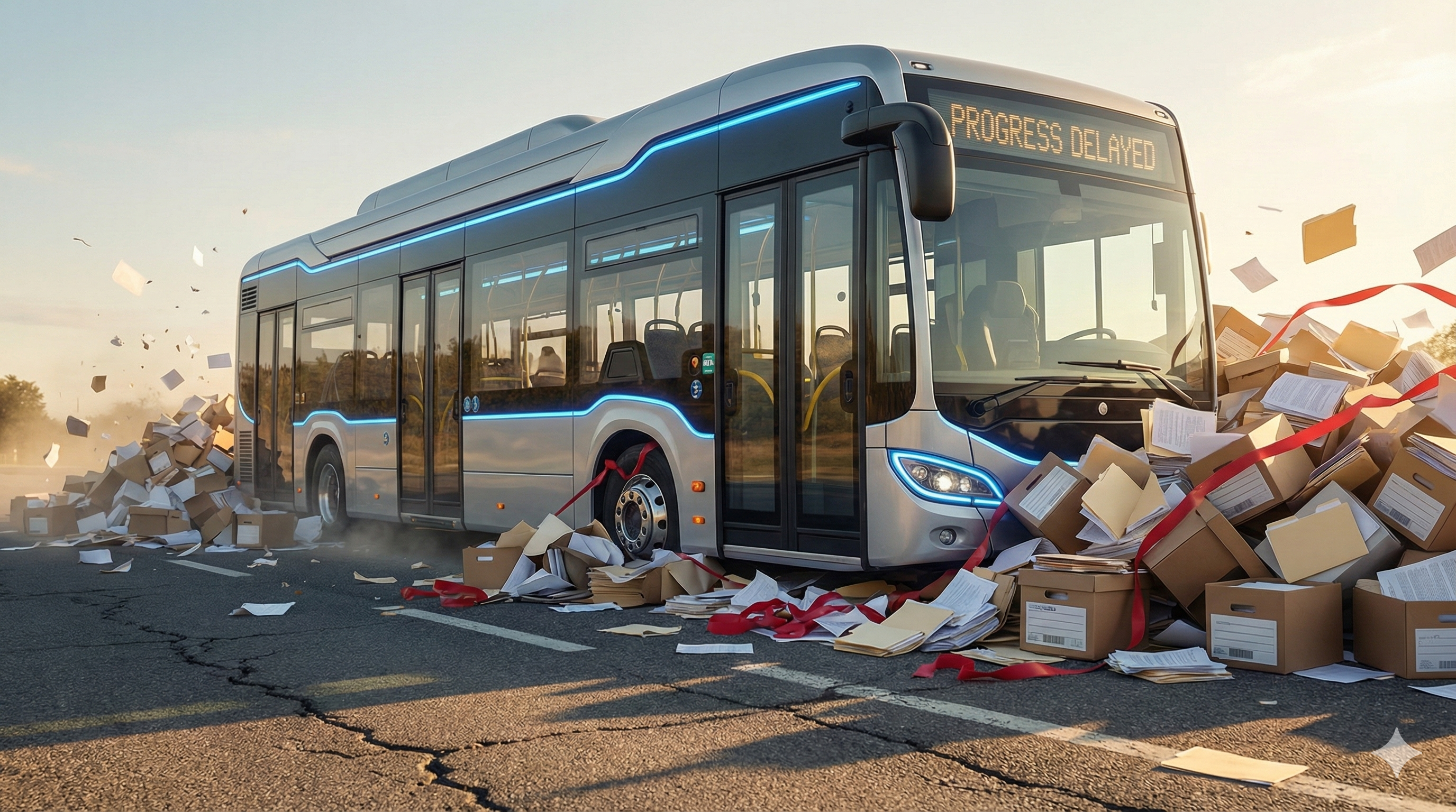 Symbolbild für bürokratische Hürden im ÖPNV: Ein moderner Elektrobus wird am Losfahren gehindert, da seine Räder in riesigen Stapeln aus Aktenordnern und rotem Bürokratie-Band feststecken.