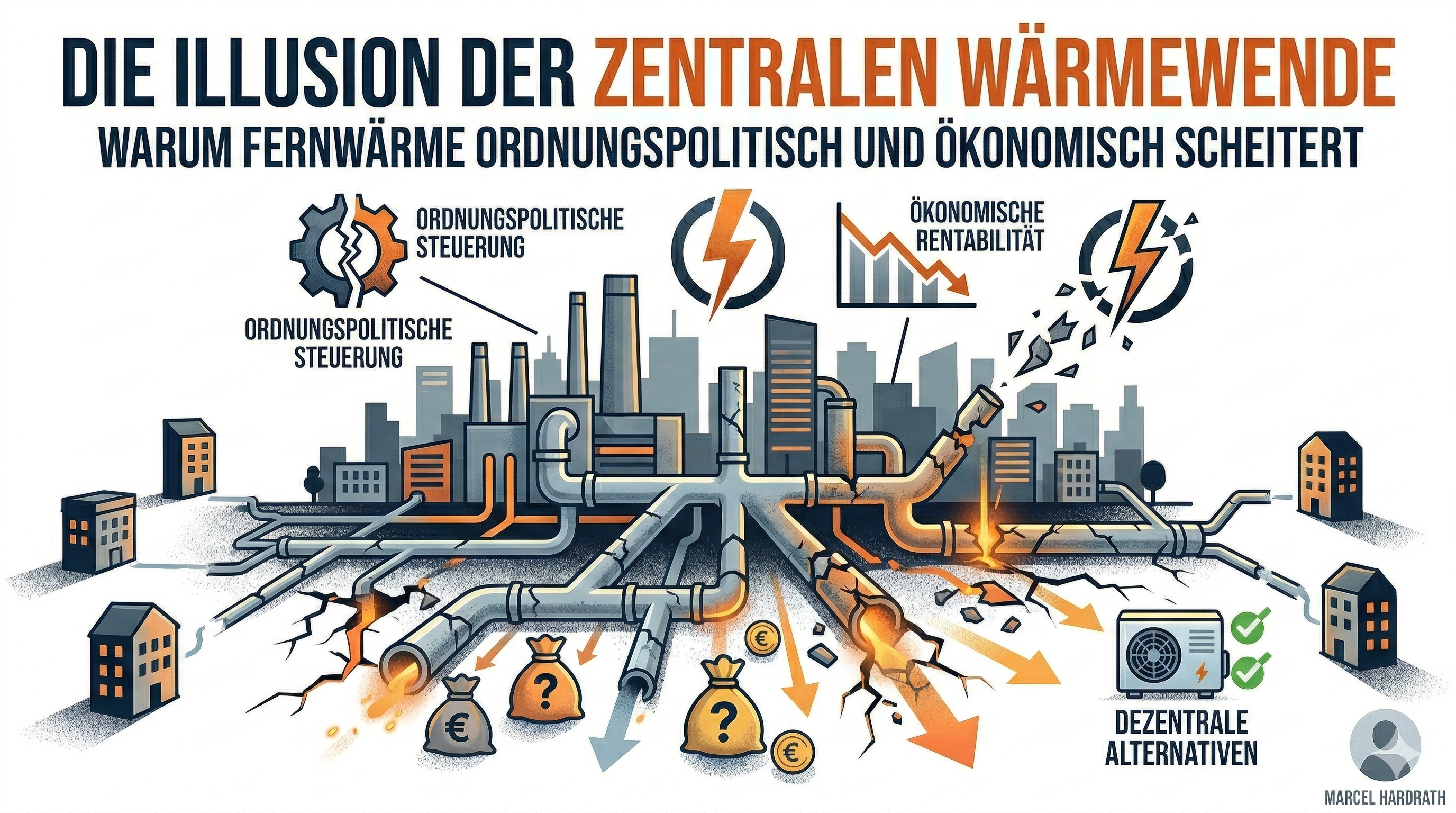 Infografik zum Scheitern der zentralen Wärmewende: Gezeigt wird eine städtische Industriekulisse mit rissigen Fernwärmerohren, aus denen Geldbeutel fallen. Symbole für sinkende Rentabilität und ordnungspolitische Fehlsteuerung kontrastieren mit effizienten dezentralen Heizlösungen (Wärmepumpen) auf weißem Hintergrund.