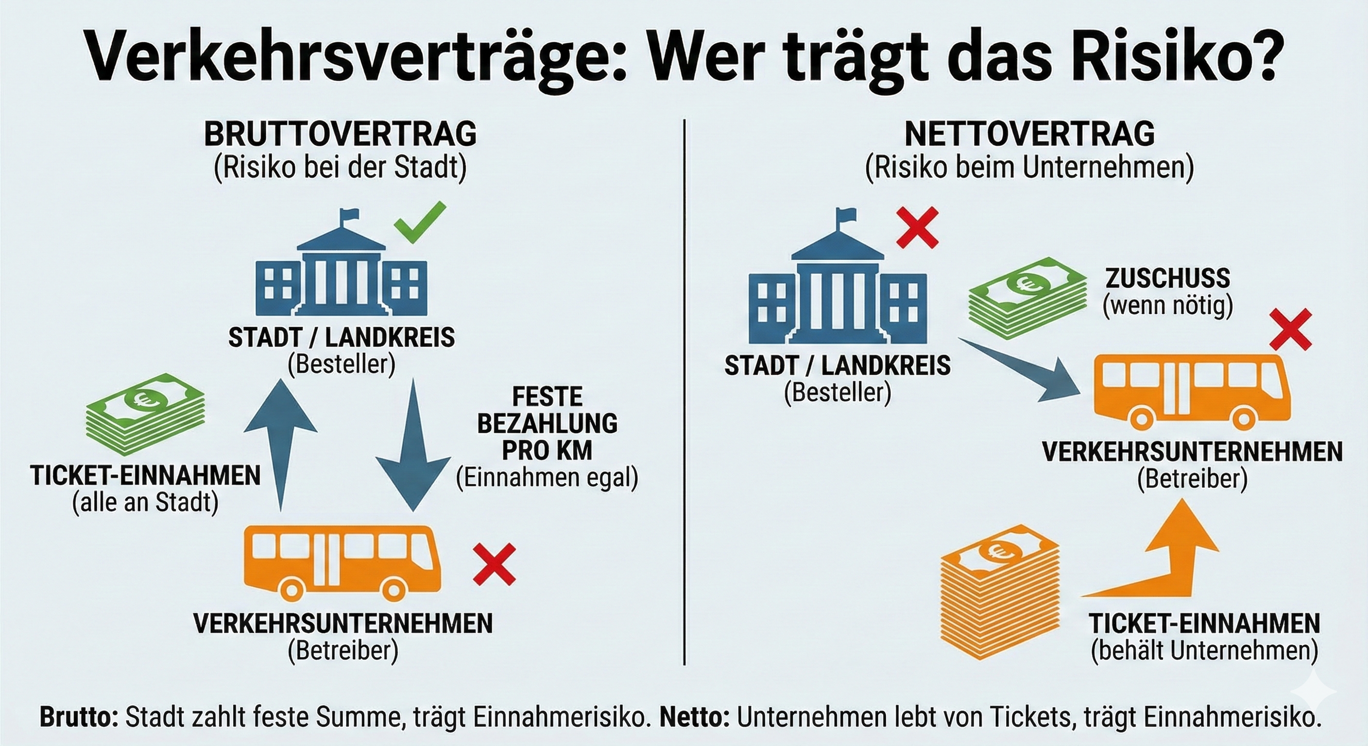 Infografik zum Vergleich von Bruttovertrag und Nettovertrag im ÖPNV. Die Grafik visualisiert die Geldflüsse und zeigt, dass beim Bruttovertrag die Stadt (Aufgabenträger) das Einnahmerisiko trägt, während beim Nettovertrag das Verkehrsunternehmen auf die Ticketeinnahmen angewiesen ist und das Risiko trägt.