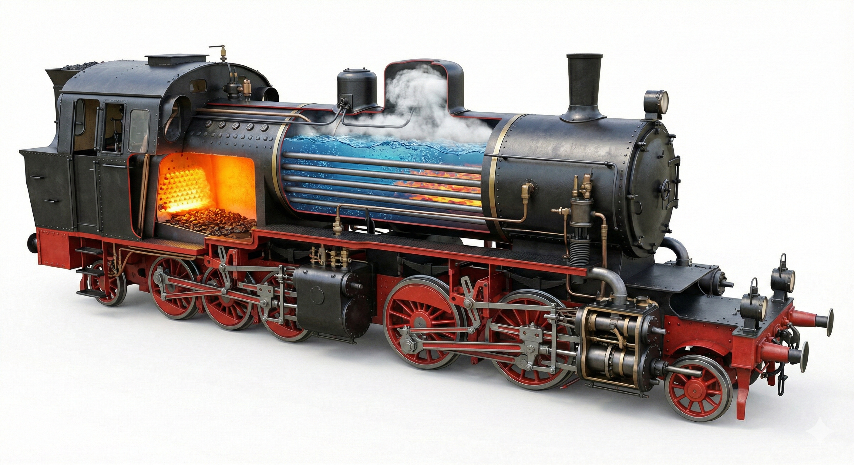 Schema der Mallet-Lokomotive: Erklärung des gelenkigen Fahrwerks und der Verbunddampf-Technik mit Hochdruck- und Niederdruckzylindern.