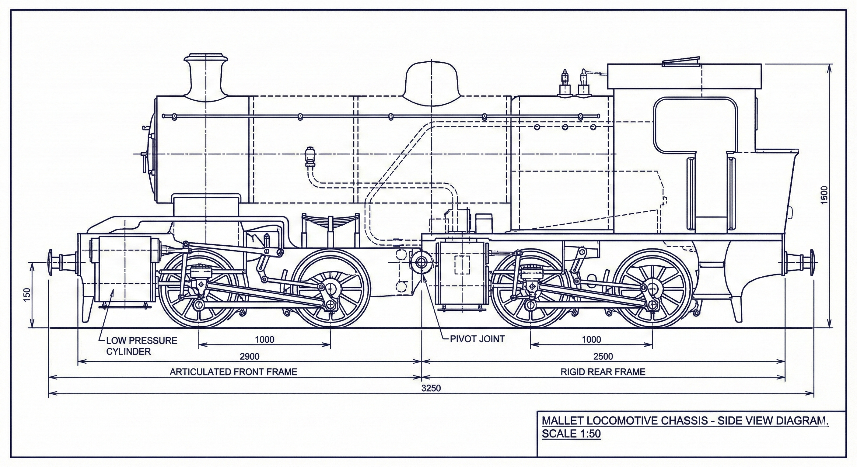 Querschnitt durch eine Dampflokomotive: Darstellung von Feuerbüchse, Kessel, Dampfkreislauf und Zylinder zur Erklärung der Funktionsweise.