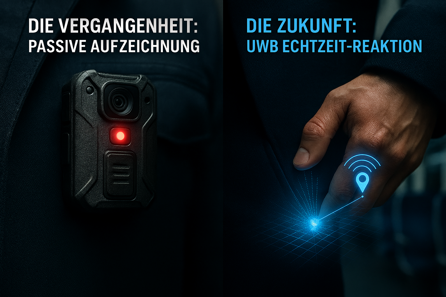 Gegenüberstellung von Sicherheitsmaßnahmen: Reaktive Bodycam bei der Bahn vs. unsichtbarer Panikbutton im ÖPNV mit UWB-Echtzeit-Ortung für mehr Sicherheit im Zug.