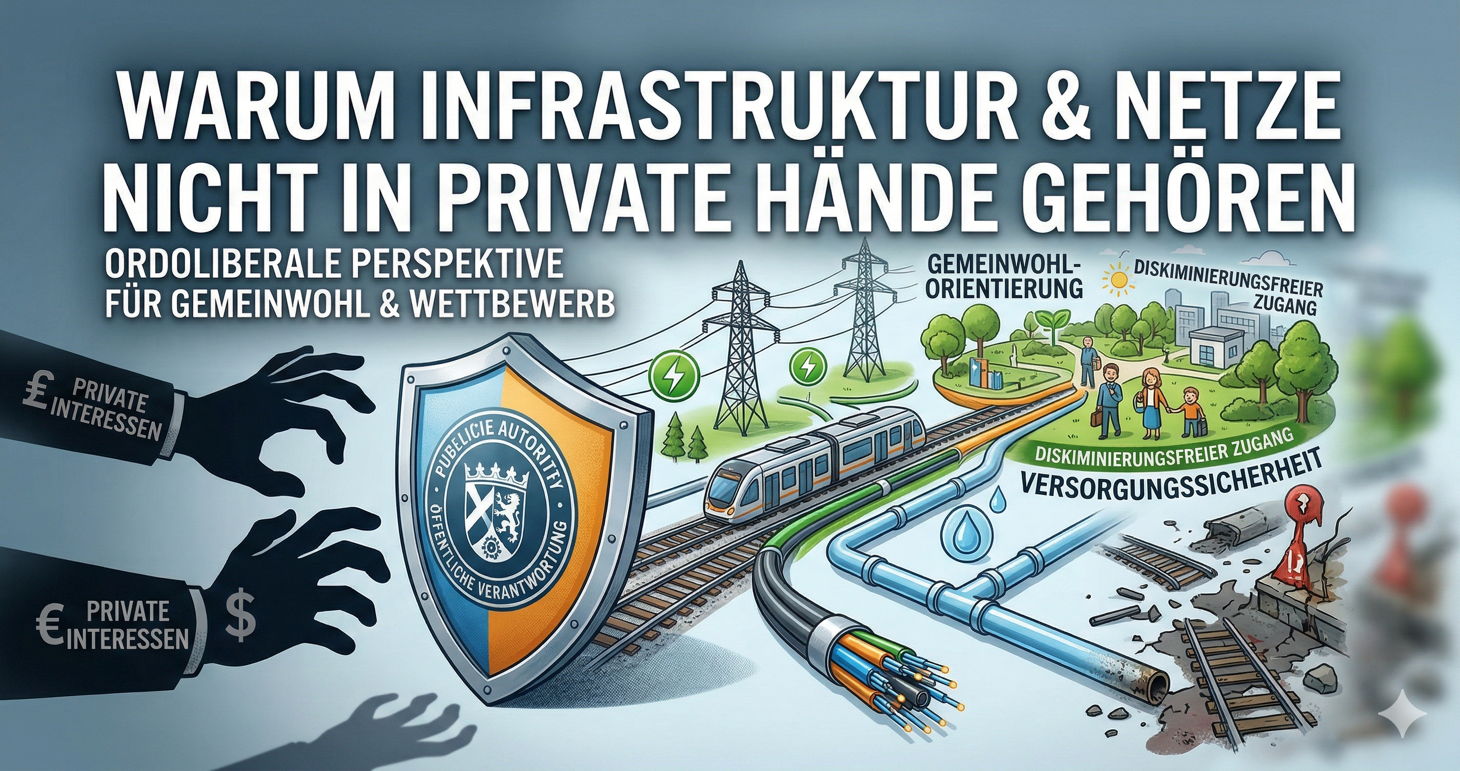Das Bild zeigt verschiedene Infrastruktur- und Netzwerkelemente (wie Schienen, Stromleitungen und Straßen), die symbolisch geschützt und durch eine schützende Barriere von privaten Interessen getrennt werden